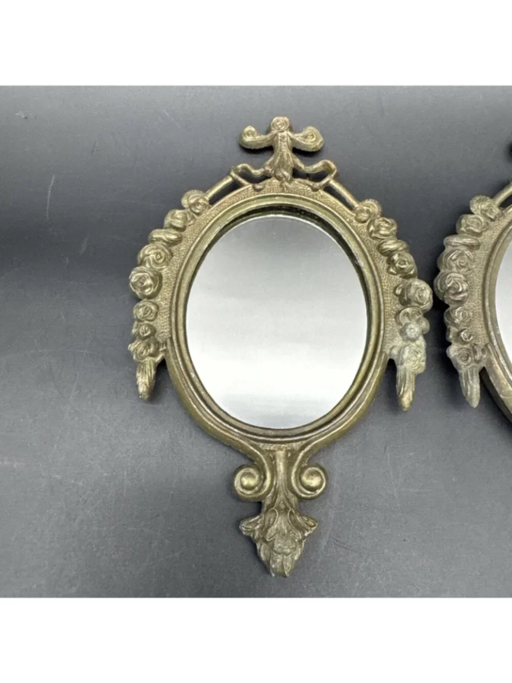 VTG 6” Ornate Gold Bronze Wall Hanging Mirror Set Floral Bow Rocco Gallery Italy